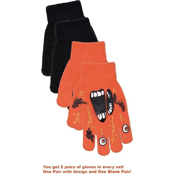 Boys 2 pairs of Gloves: 1-Halloween AND 1-Black (Monster Orange) - Picture 1 of 4